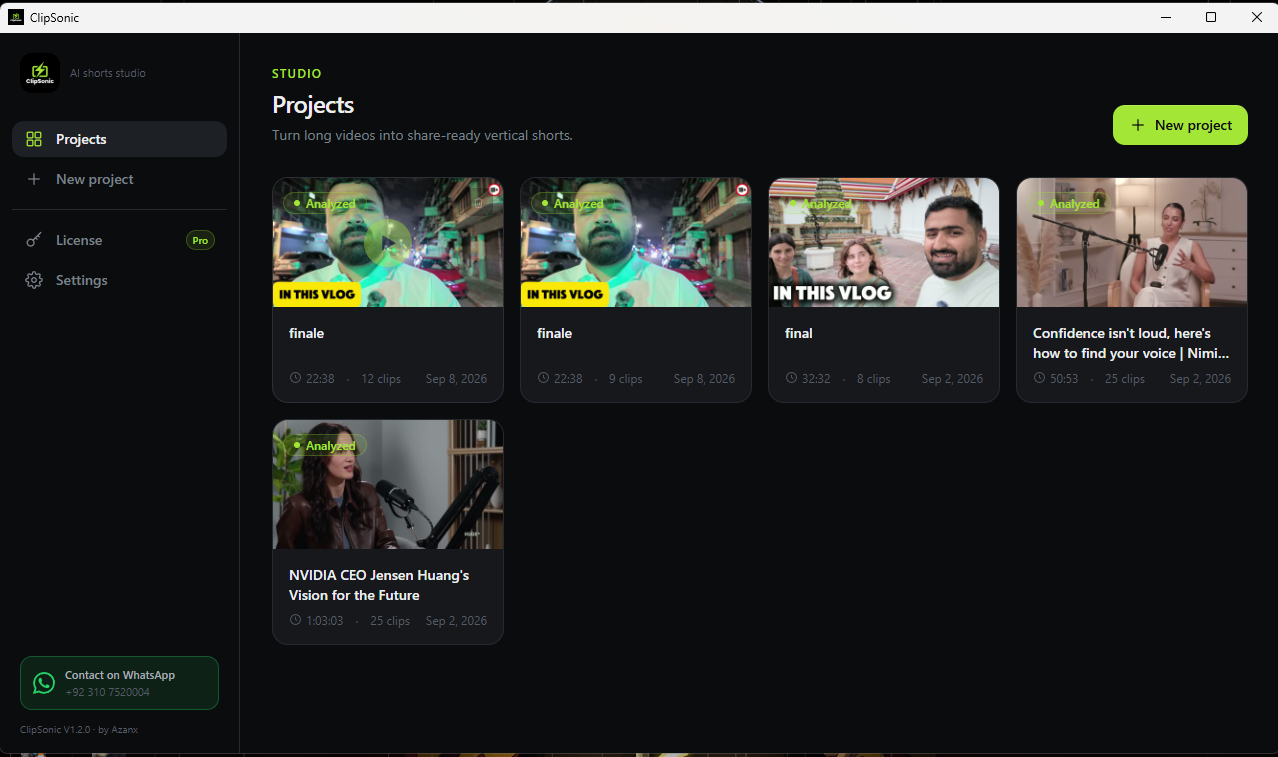 ClipSonic project dashboard showing long videos analysed into ranked clips